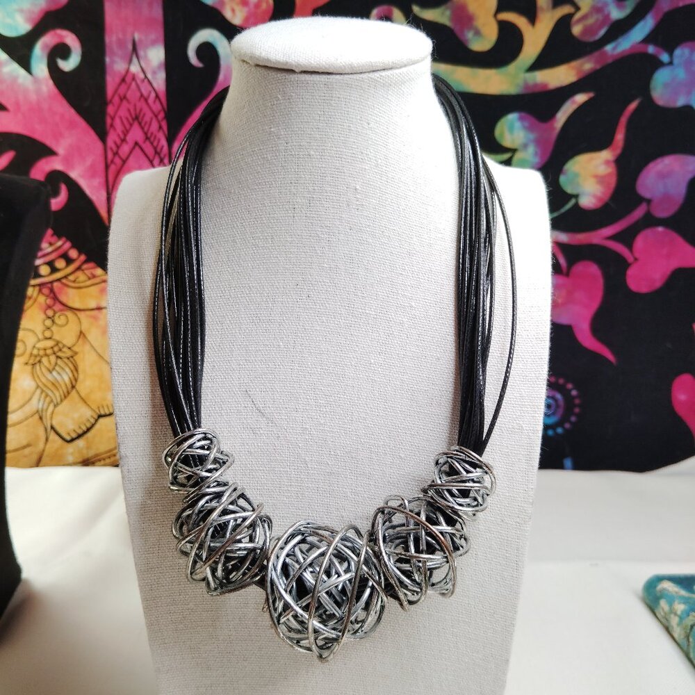 Multi-Strand Waxed Cord Necklace Silver Tone Beads Adjustable 16–20"